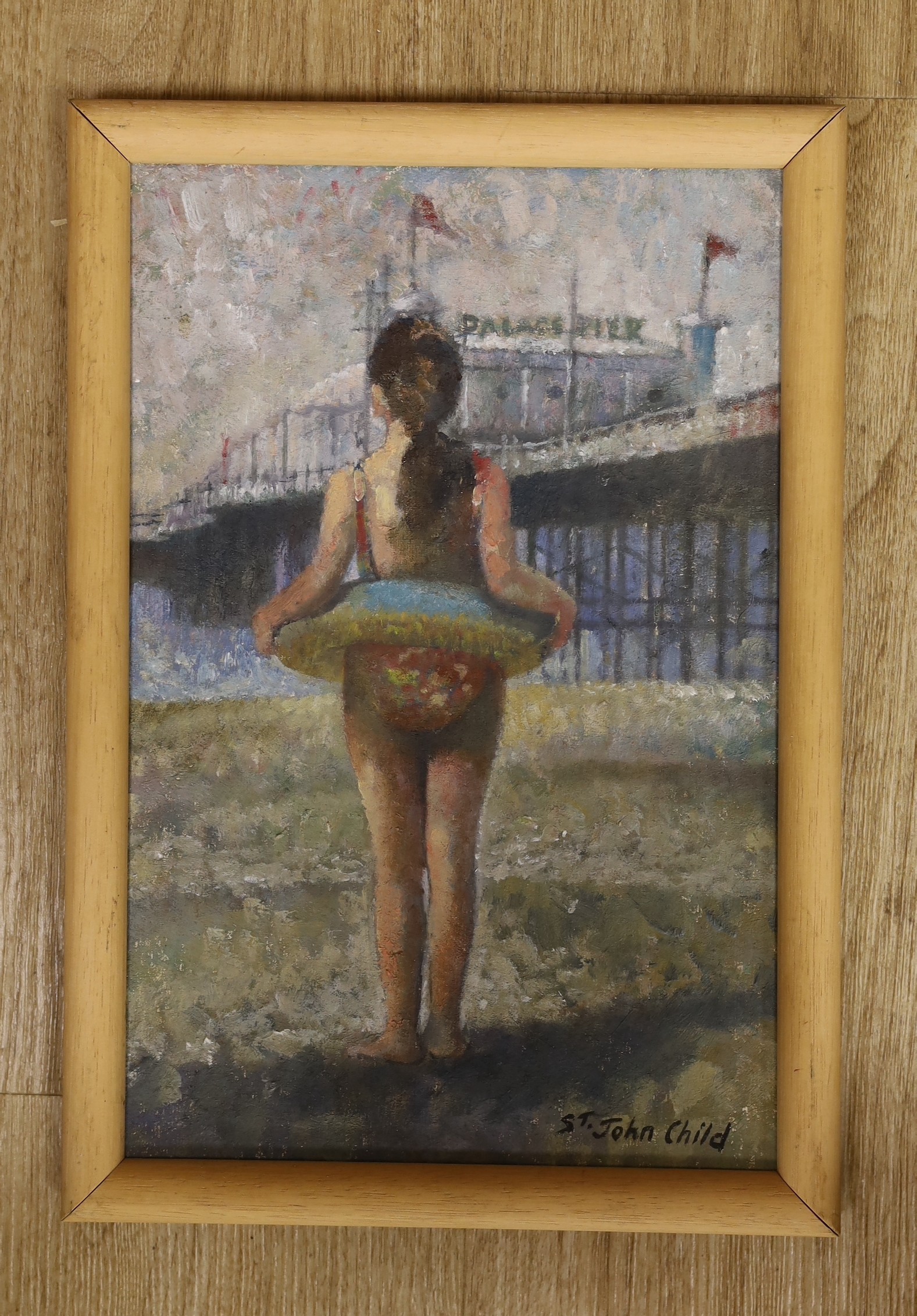 St John Child, oil on board, Girl on the beach with Brighton Palace Pier beyond, 32 x 21cm